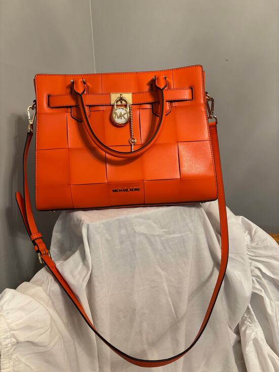 MICHAEL Michael Kors Handbags - Michael Kors Saffiano Leather Medium Hamilton Woven Satchel in Poppy